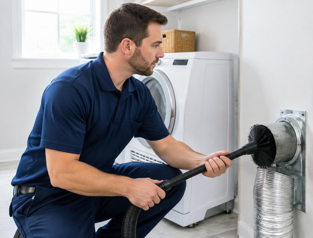 Technician cleaning a residential dryer vent